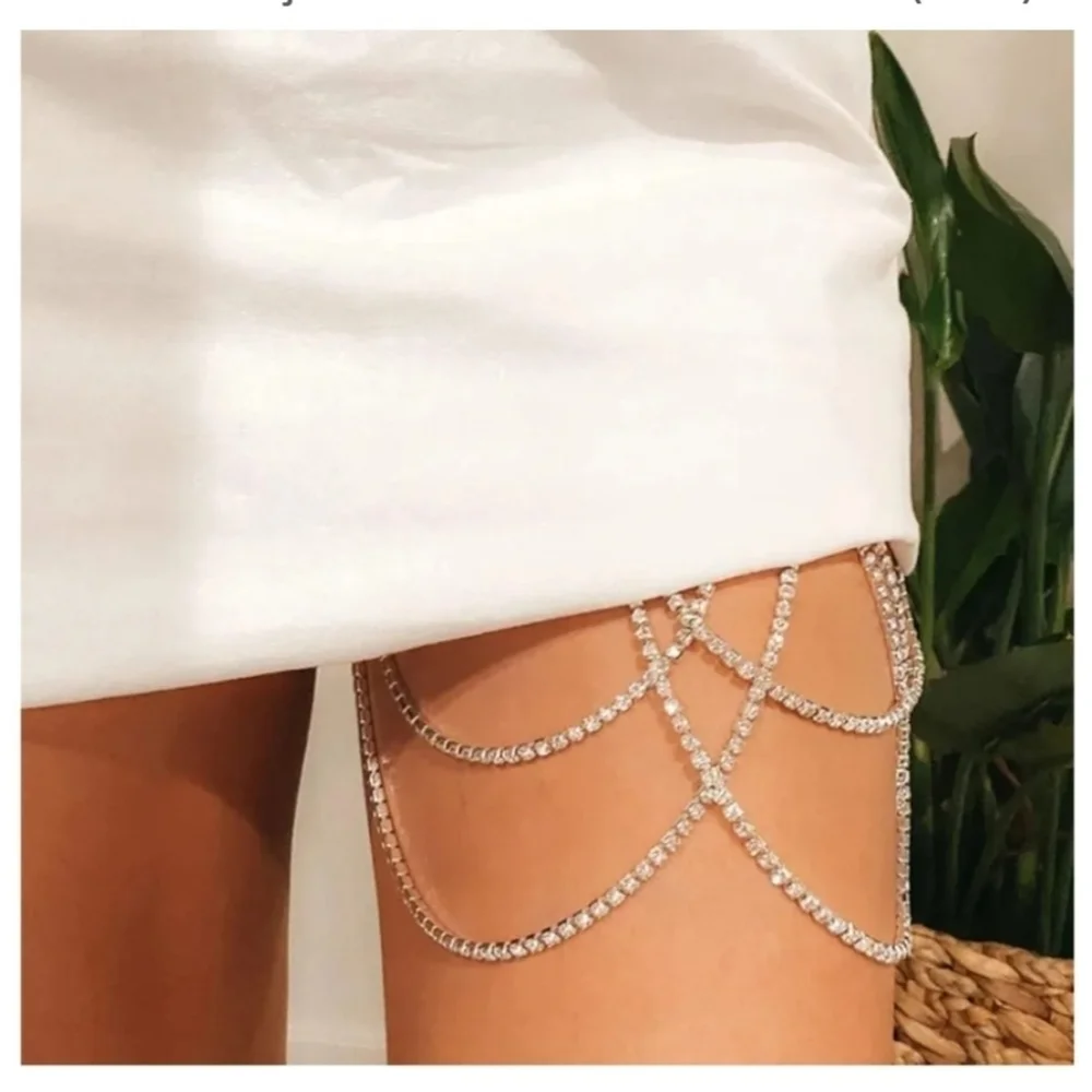 3/$30 Silver Rhinestone Layered Festoon Semi-elastic Body Thigh Festival Chain